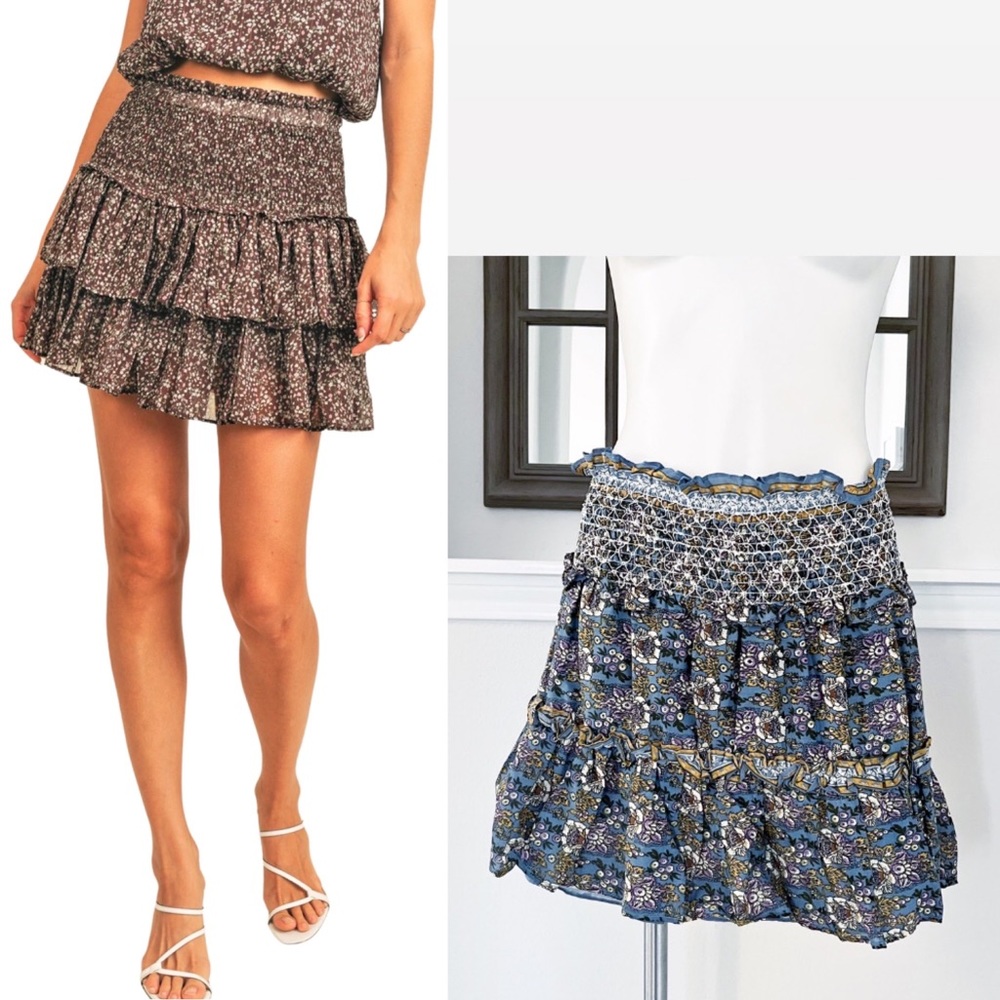 Jennifer & Grace Mini Skirt Floral Tiered Smocked Blue Pink Size XL New w/Tag